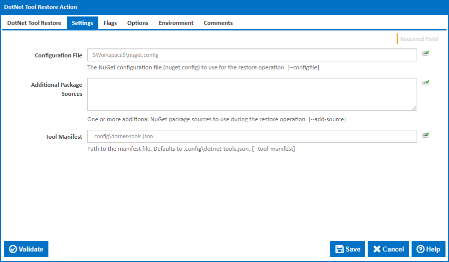 DotNet Tool Restore action settings tab