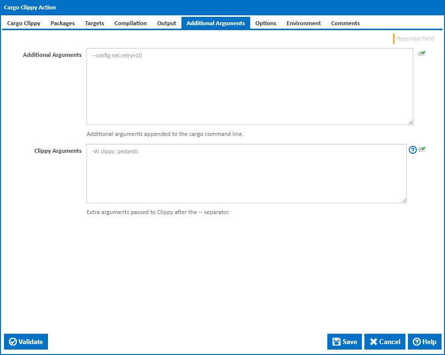 Cargo Clippy action - Additional Arguments tab
