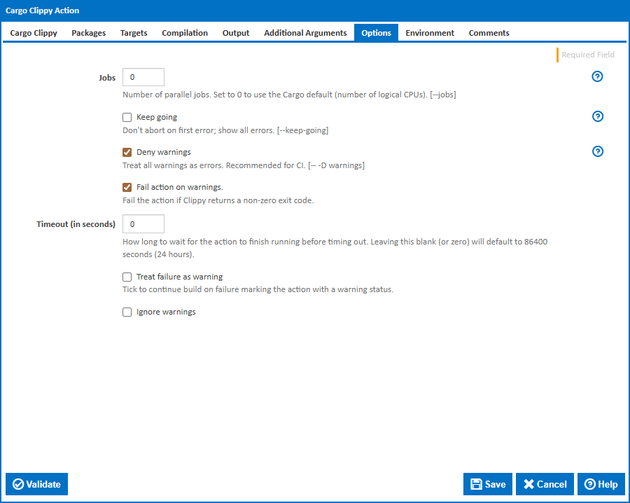 Cargo Clippy action - Options tab