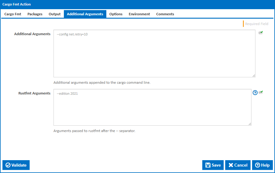 Cargo Fmt action - Additional Arguments tab