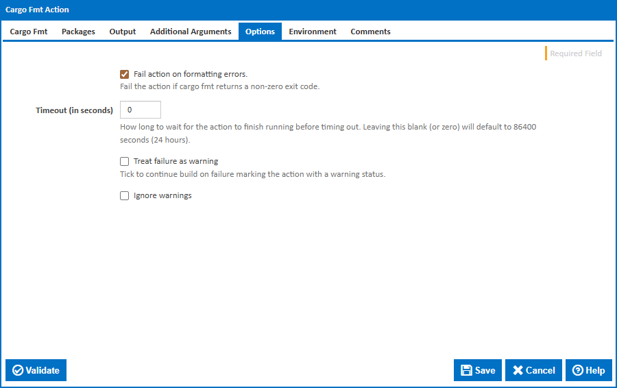 Cargo Fmt action - Options tab