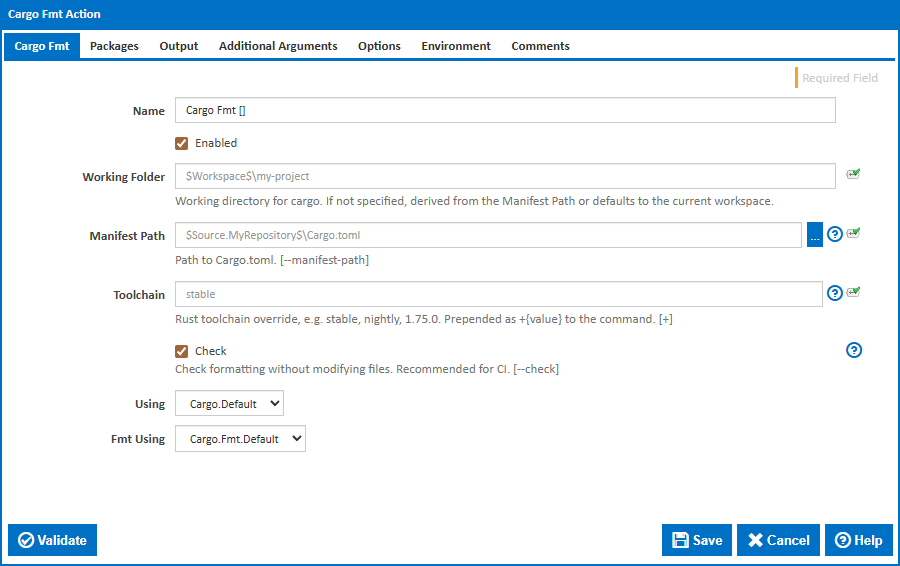 Cargo Fmt action - Settings tab