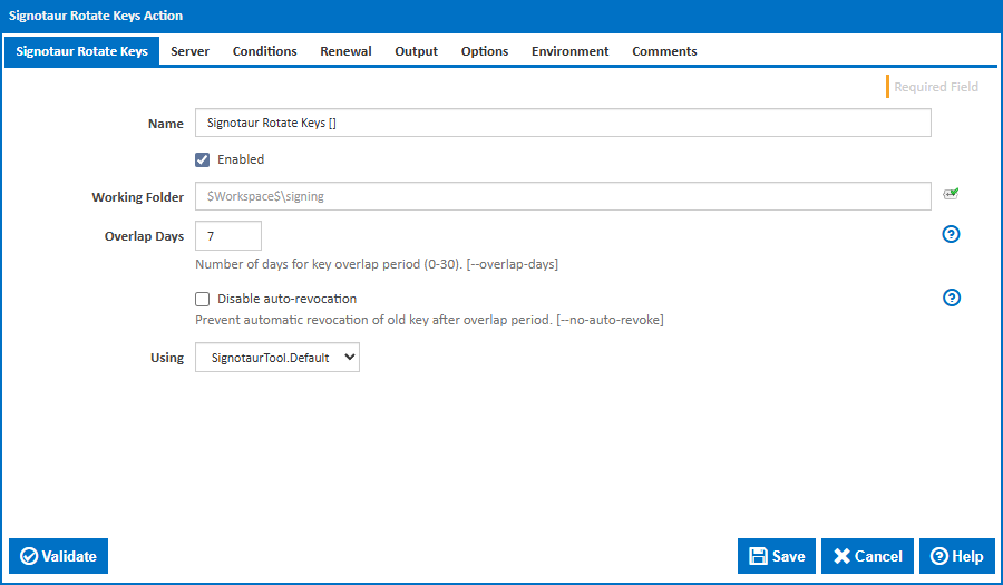 Signotaur Rotate Keys action - Main tab