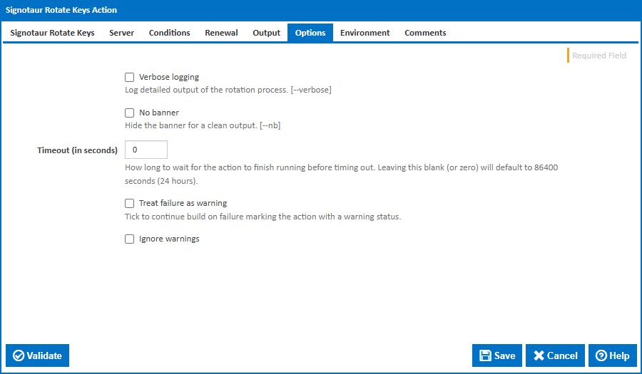 Signotaur Rotate Keys action - Options tab