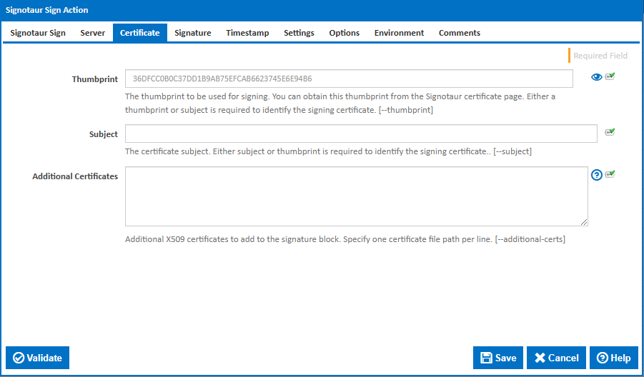 Signotaur Sign action - Certificate tab