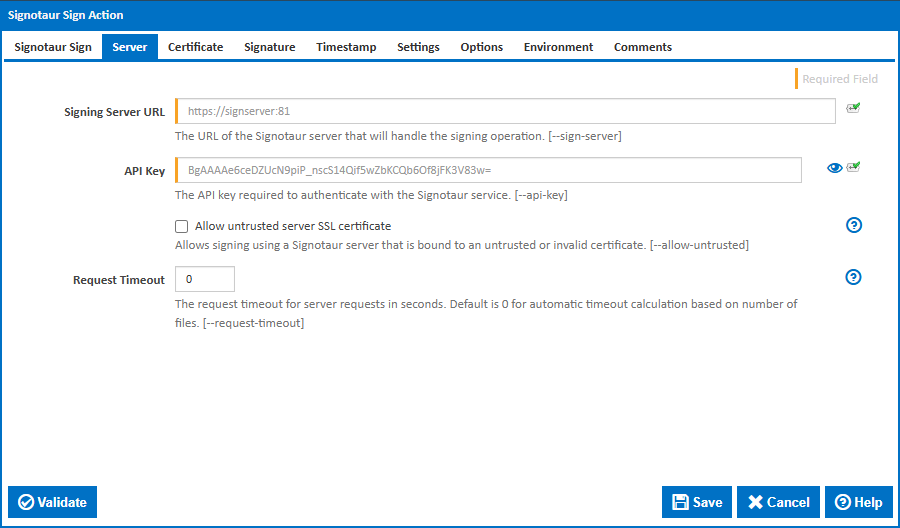 Signotaur Sign action - Server tab