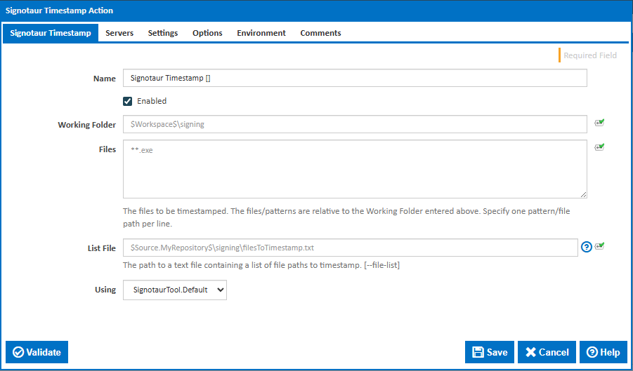 Signotaur Timestamp action - Main tab