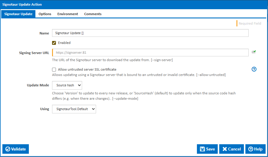 Signotaur Update action - Main tab