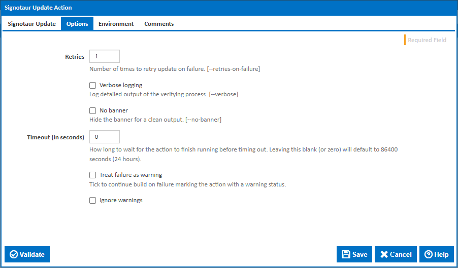 Signotaur Update action - Options tab