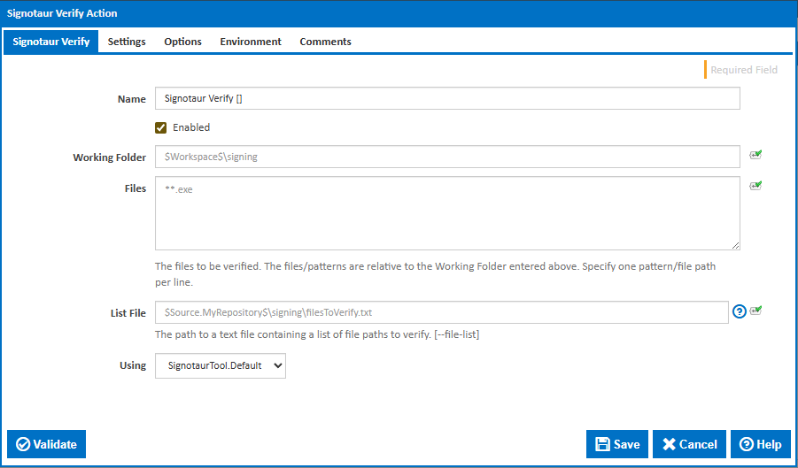 Signotaur Verify action - Main tab