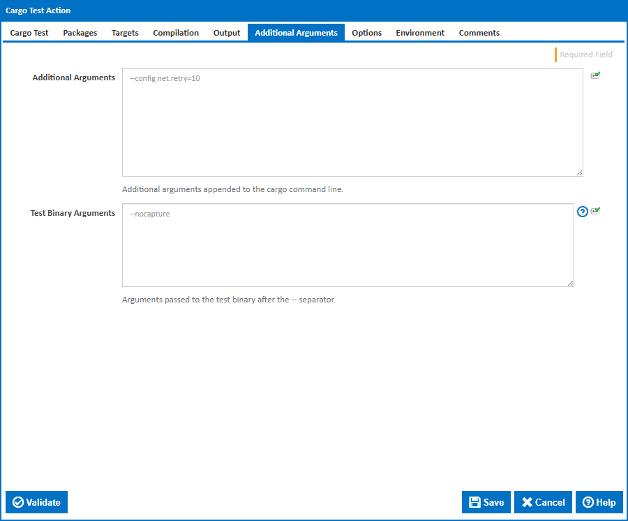 Cargo Test action - Additional Arguments tab