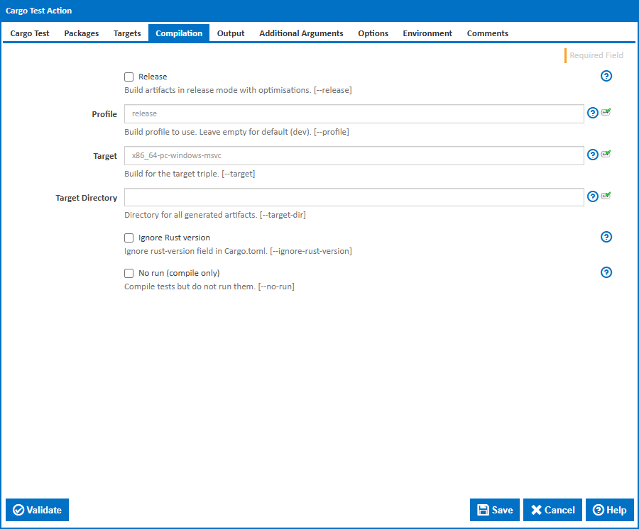 Cargo Test action - Compilation tab