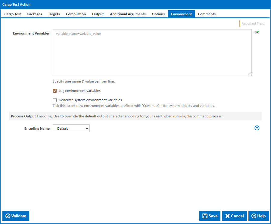 Cargo Test action - Environment tab