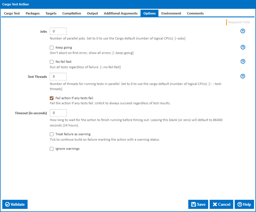 Cargo Test action - Options tab