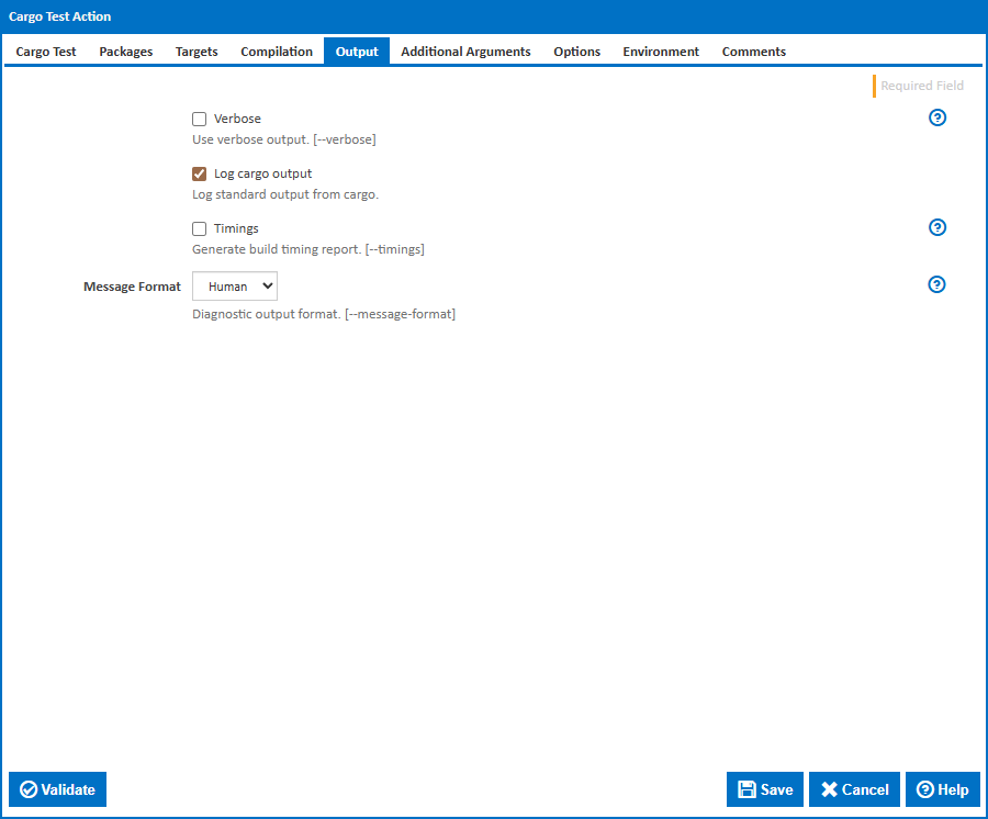 Cargo Test action - Output tab