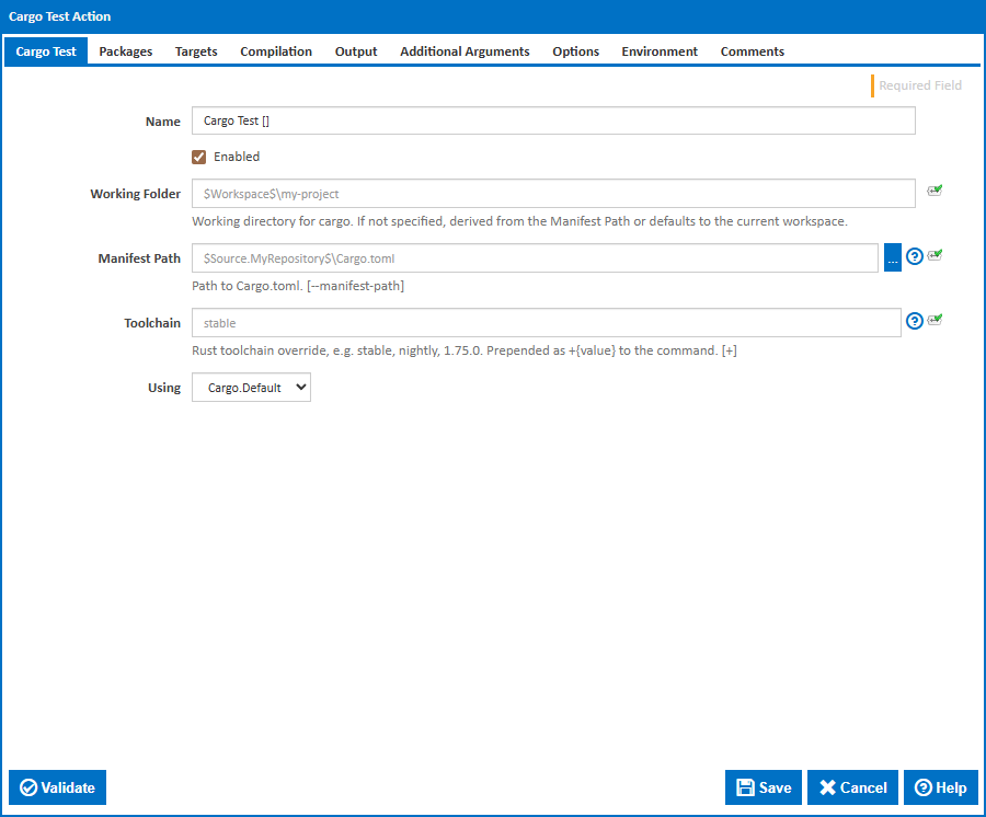 Cargo Test action - Settings tab