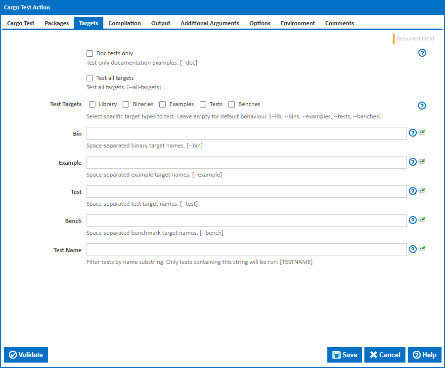 Cargo Test action - Targets tab