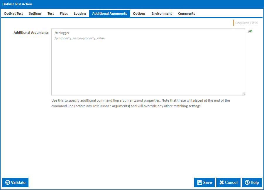 DotNet Test action additional arguments tab