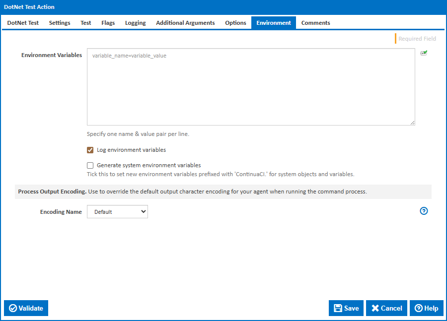 DotNet Test action environment tab