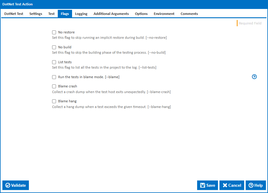 DotNet Test action flags tab