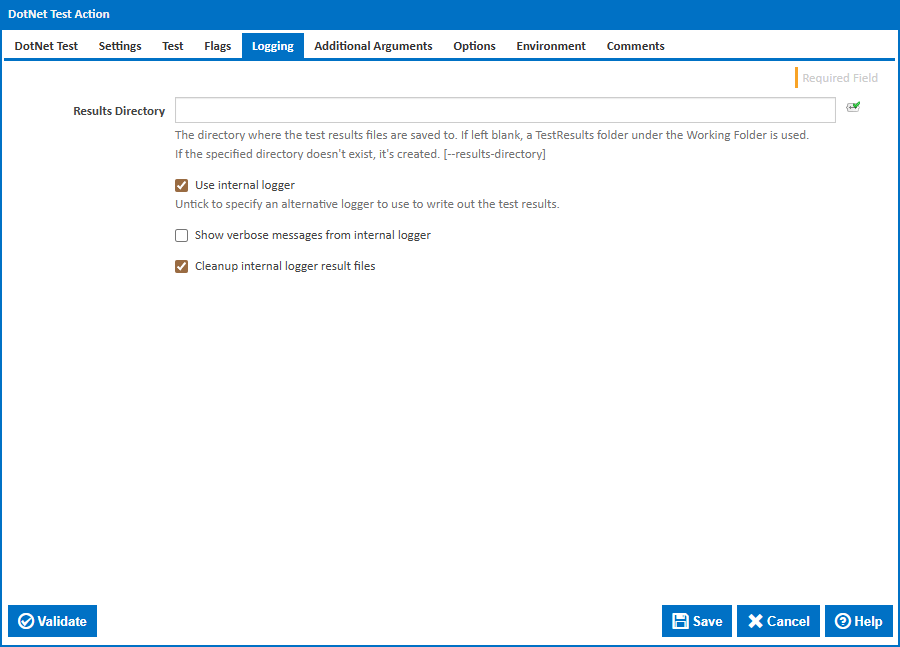DotNet Test action logging tab