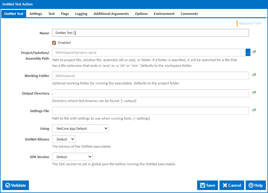 DotNet Test action main tab