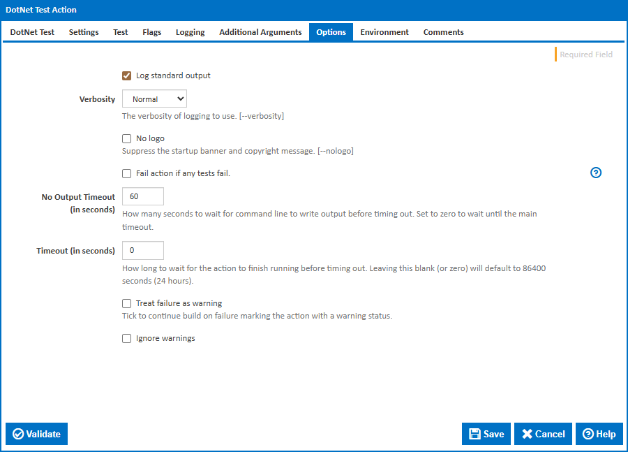 DotNet Test action options tab
