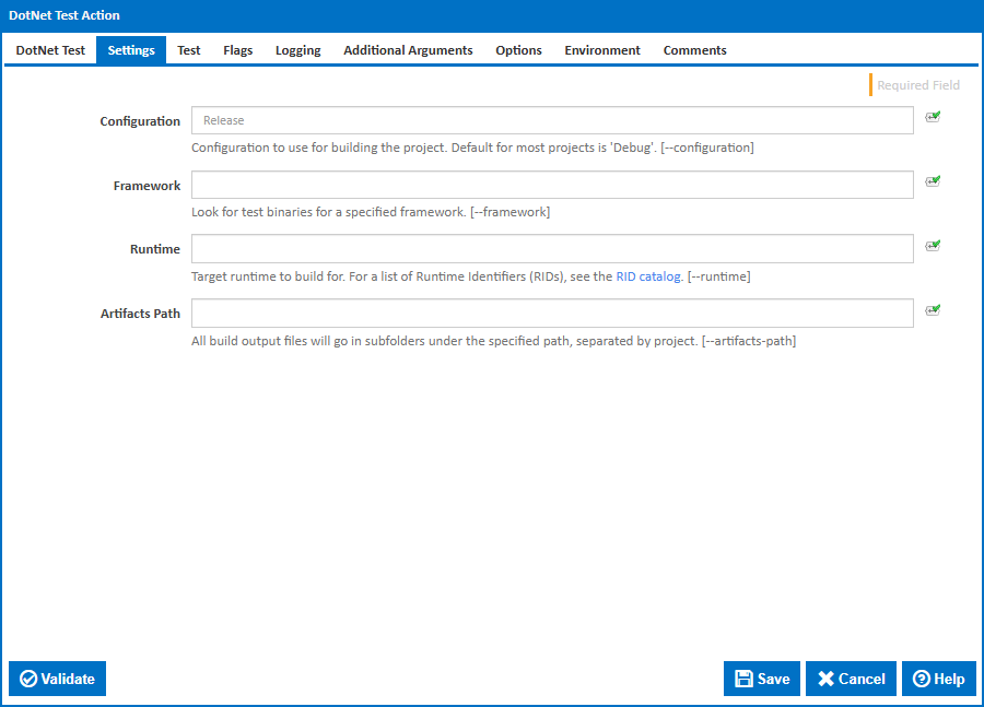 DotNet Test action settings tab