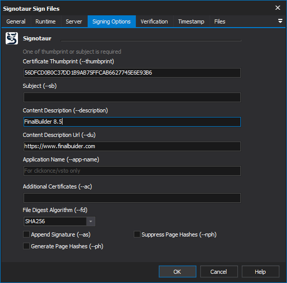 Signotaur Sign action - Signing Options tab