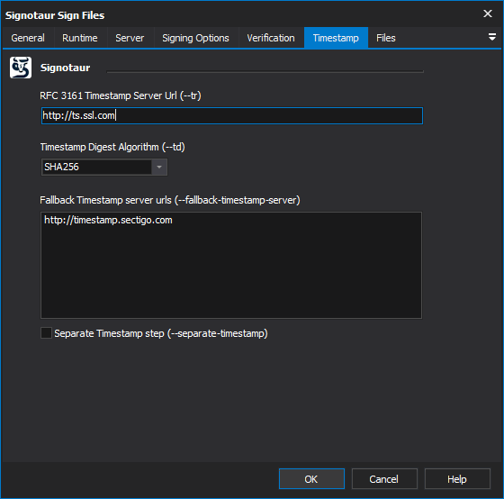 Signotaur Sign action - Timestamp tab