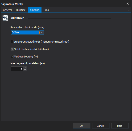 Signotaur Verify action - Options tab