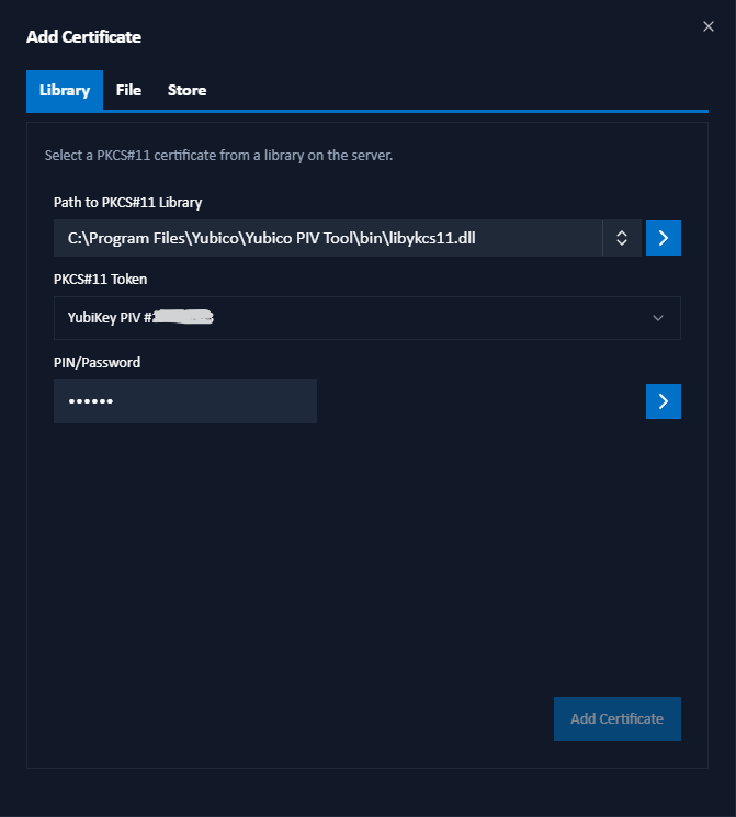 Add certificate - Library tab