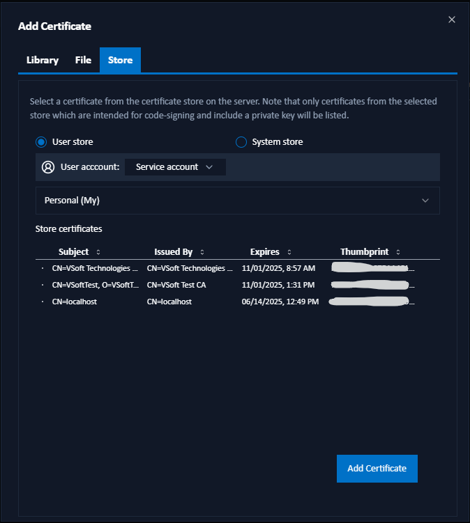 Add Store Certificate dialog