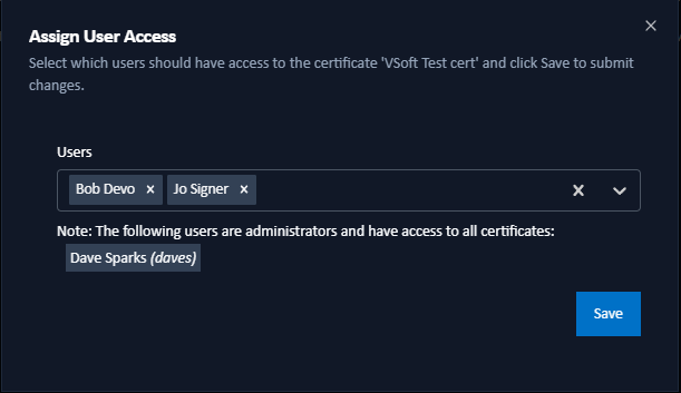 Assigning User Access dialog