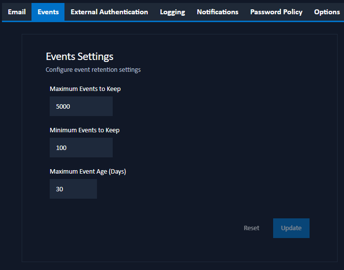 events settings tab