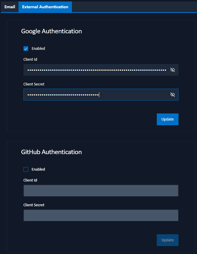 external authentication settings tab