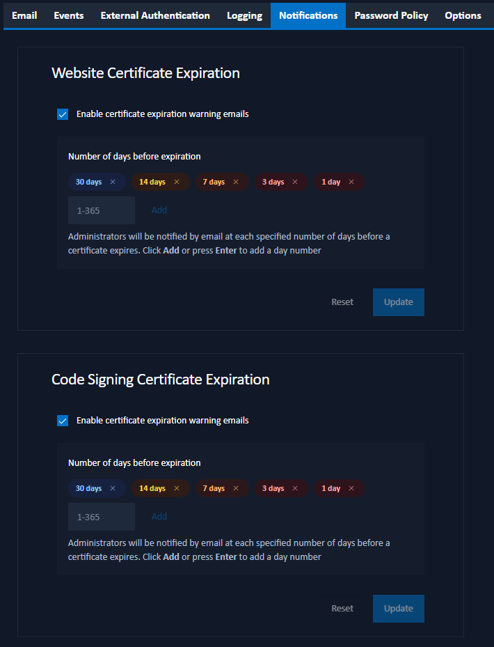 notification settings tab