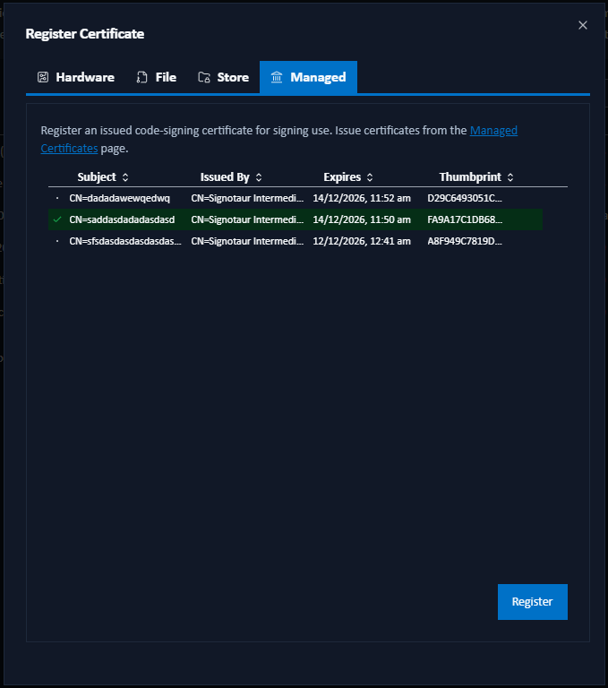 Add Certificate: Managed tab