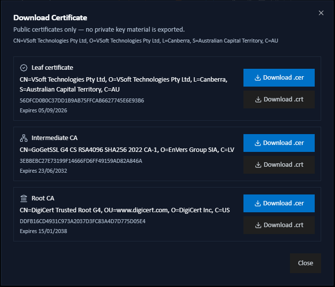 Download Certificate dialog