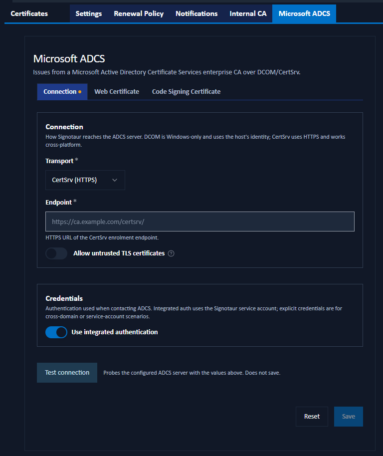 Managed Certificates: ADCS tab