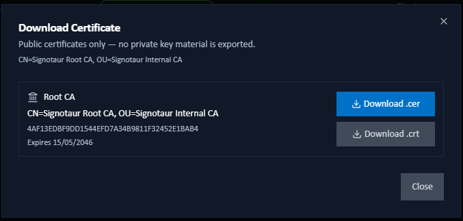 Download Certificate dialog from a root row