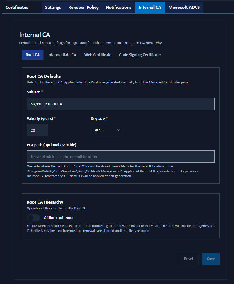 Managed Certificates: Internal CA tab