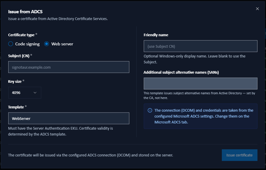 Issue from ADCS dialog