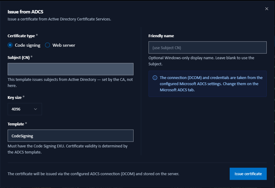 Issue from Internal CA dialog