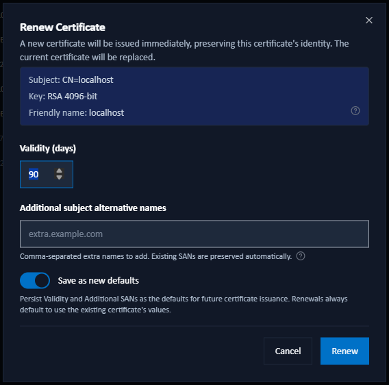 Renew Certificate dialog