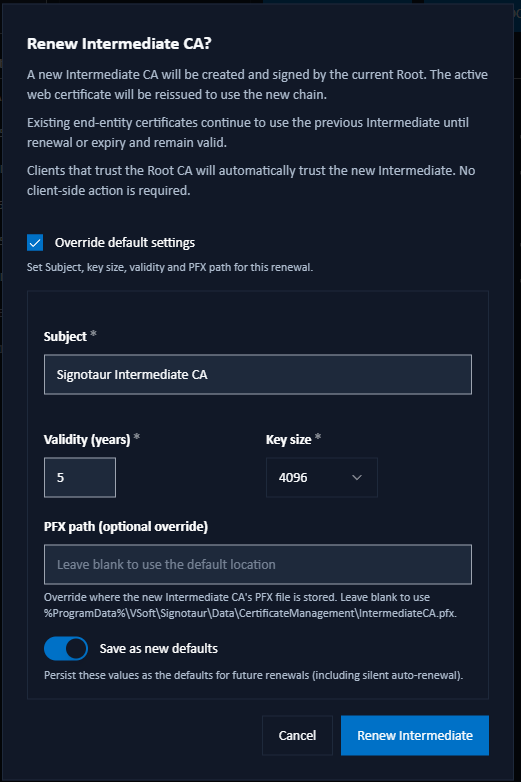 Renew Intermediate CA dialog