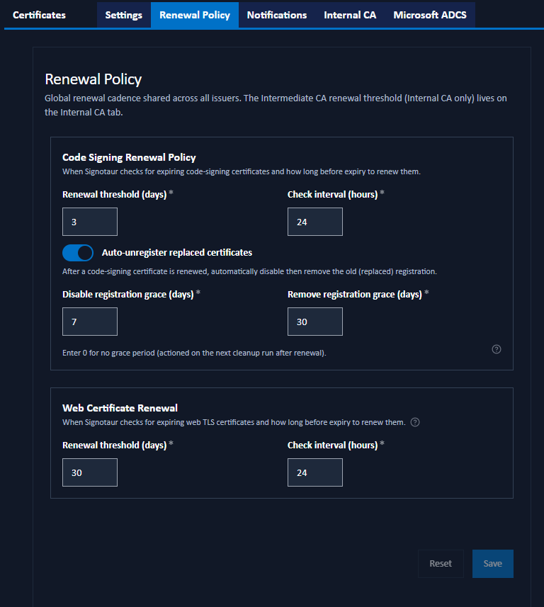 Managed Certificates: Renewal Policy tab