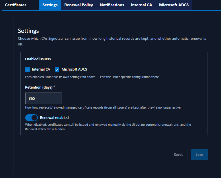 Managed Certificates: Settings tab