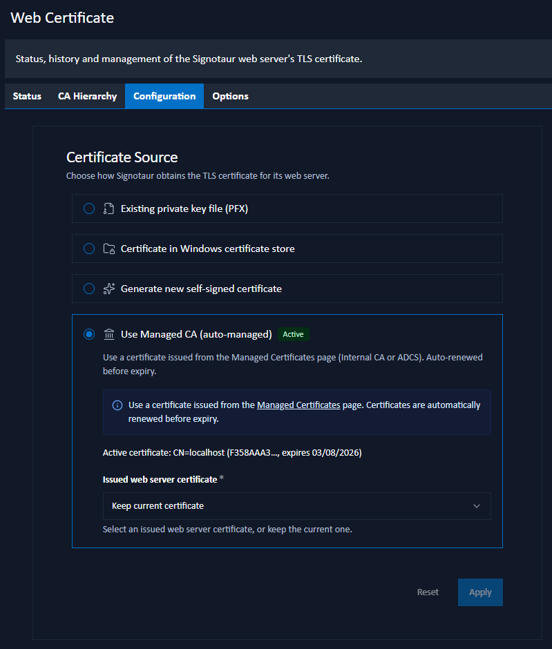 Web Certificate: Configuration tab