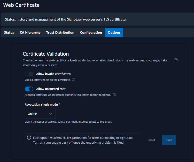 Web Certificate: Options tab